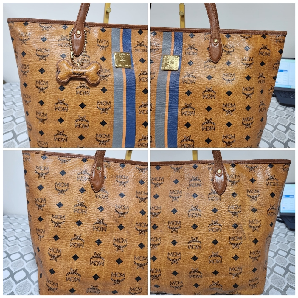 MCM Visetos Striped Shopper Tote Bag Cognac - Picture 6 of 14